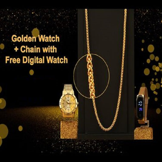 Fidato Golden Watch With Golden Chain with Magnetic Digital Watch Combo